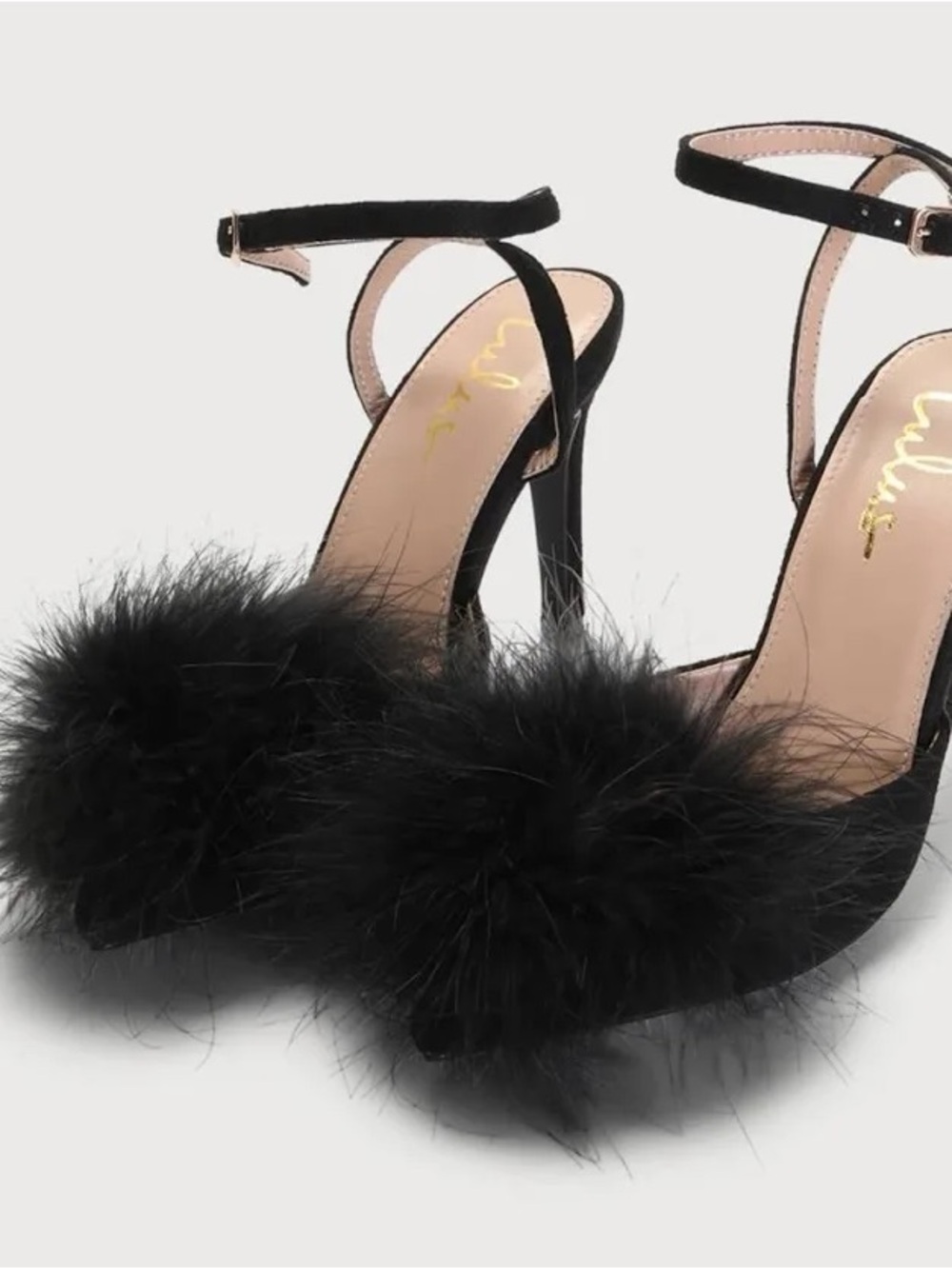 Lulu's Black Feather Pom Platform Heels with Ankle Strap
